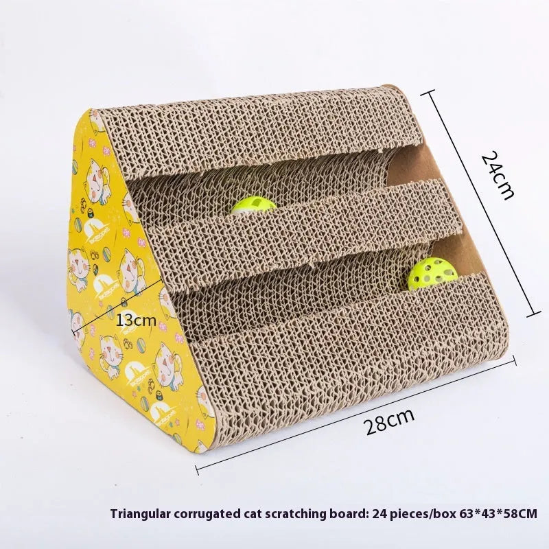 Corrugated paper cat scratch board showing bone, M, trapezoid, S, triangle, wavy and P-type design options