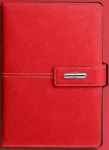 Custom A5 notebook with imitation leather cover in Business Black showing wood-free paper interior pages