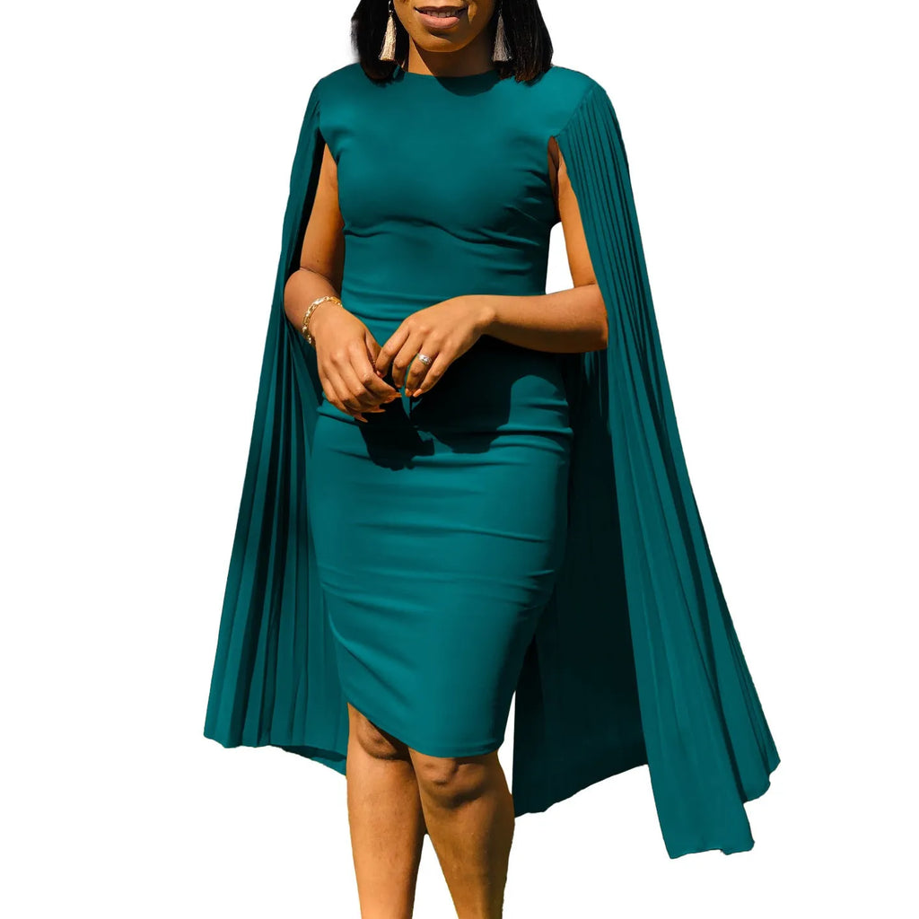Round neck high waist evening gown with long sleeves and a pleated shawl in yellow, orange, red, or green.