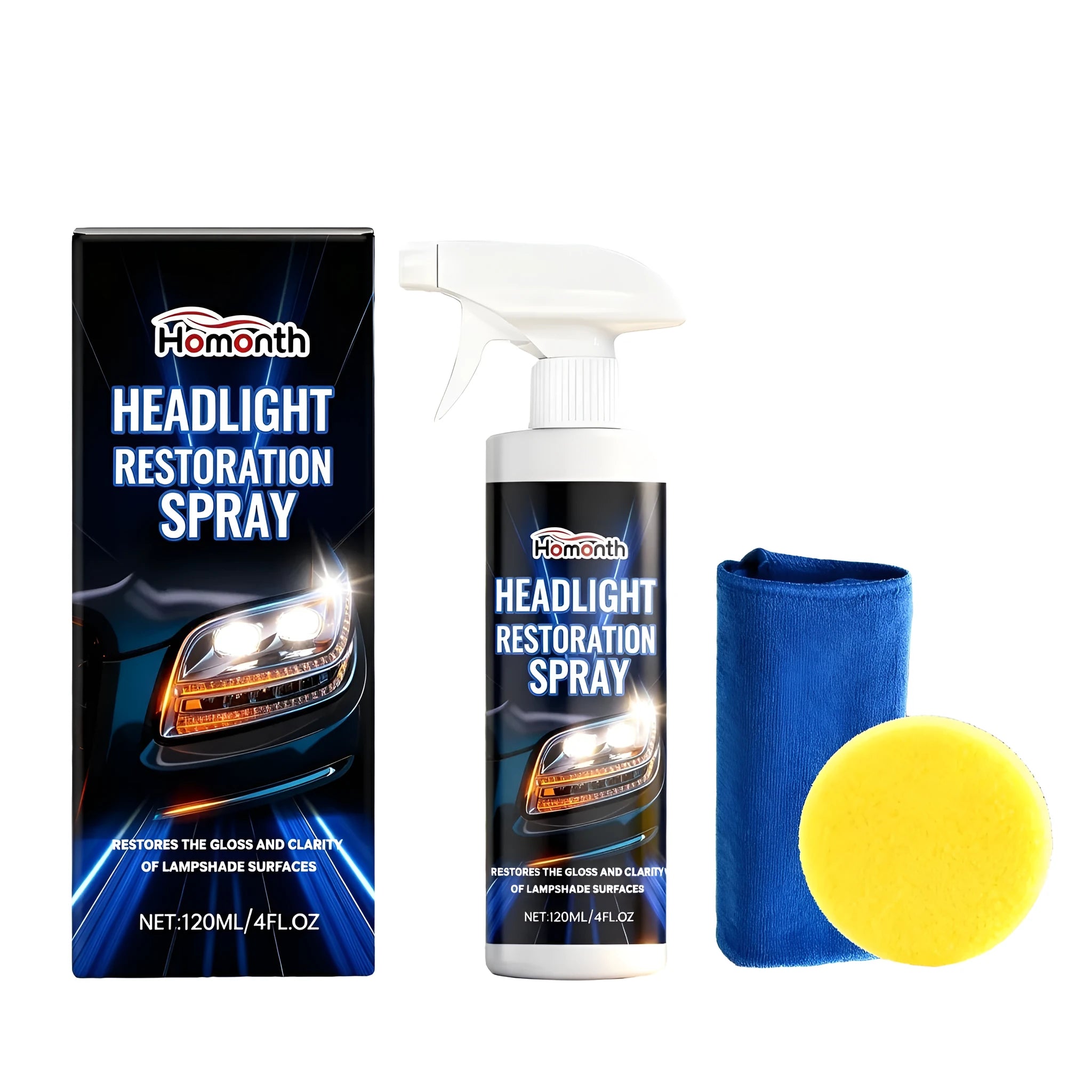 HOMONTH 120ml headlight restoration spray kit with bottle, sponge and towel