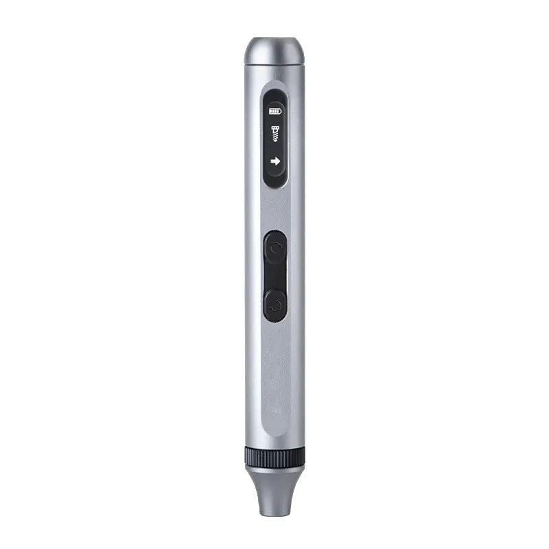 Aluminium bodied precision electric screwdriver on a workbench with a USB charging cable.