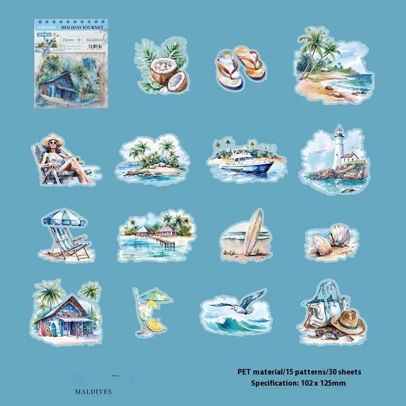 Retro-style architecture journal stickers showing designs of Big Ben, Arc de Triomphe, and other global landmarks.