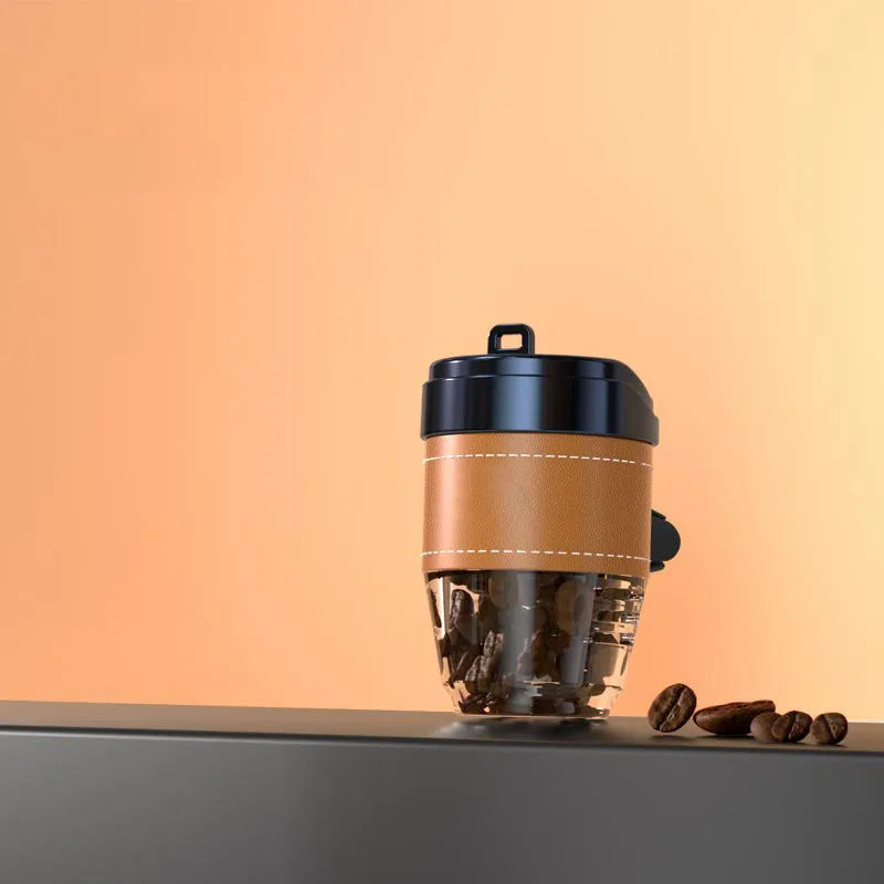Solid coffee bean car air freshener shaped like a coffee cup on a car dashboard.
