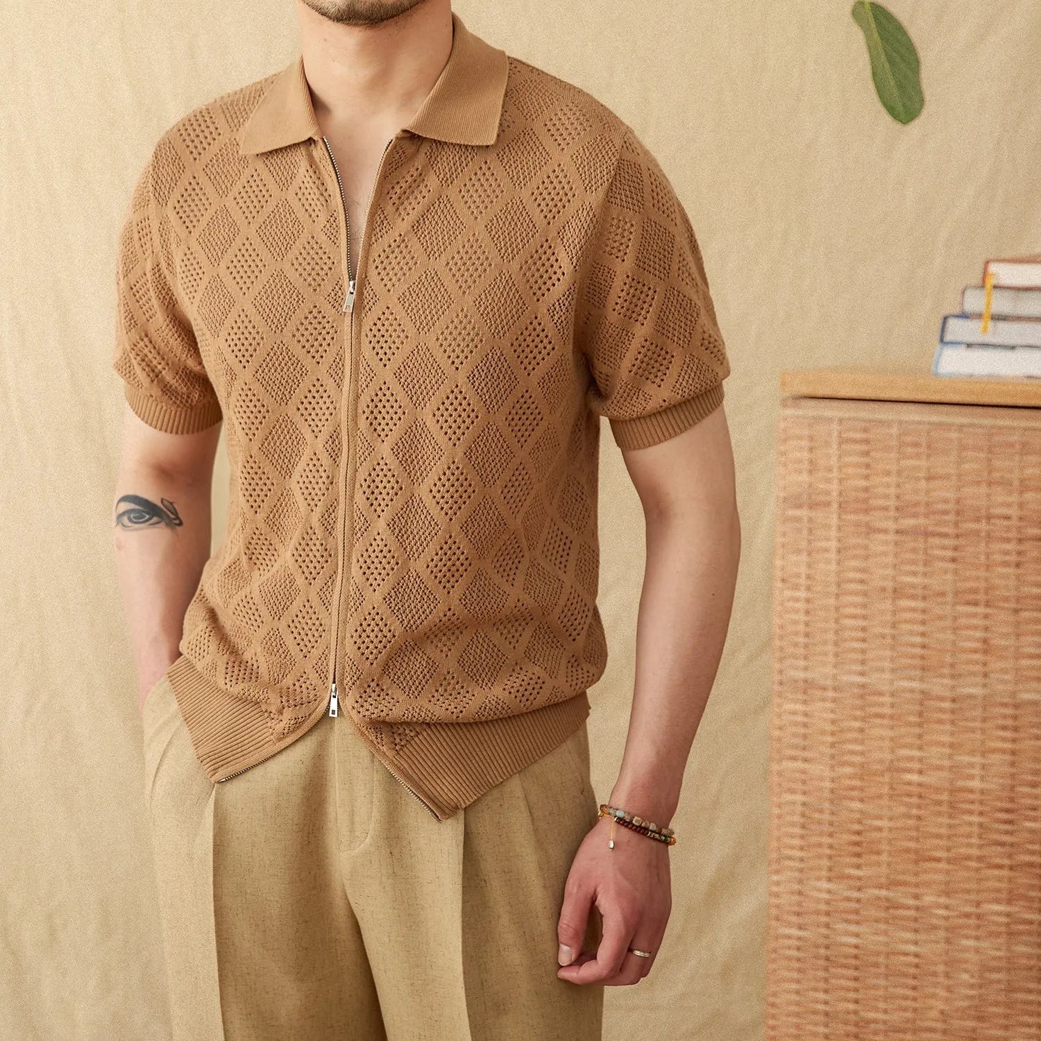 Cotton short sleeve cardigan with front zipper and hollow out pattern in light brown colour