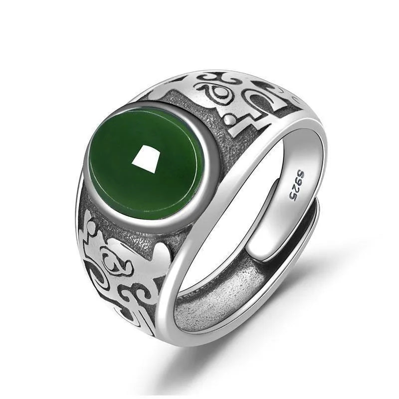 Men's imitation Hetian jade silver-plated retro-style green ring with adjustable opening and geometric shape