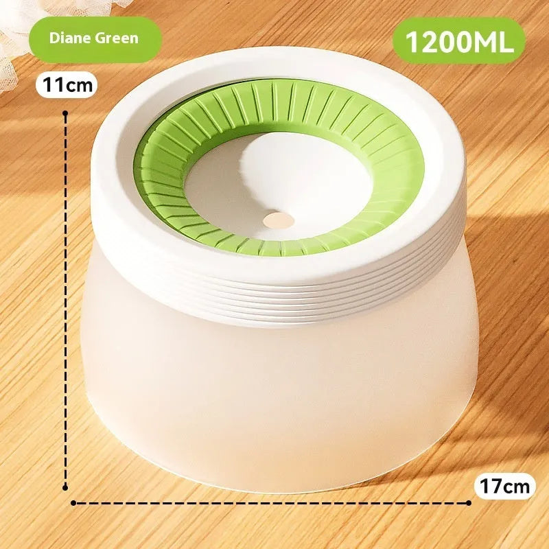 Suspended pet water bowl with non-wet mouth design in green colour showing bowl and base plate