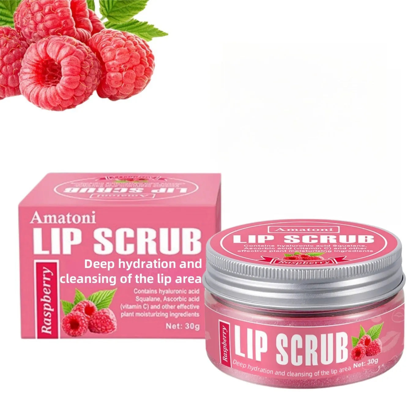 Amatoni lip scrub cream pot in coconut, raspberry, vanilla, or watermelon flavour, 30g.