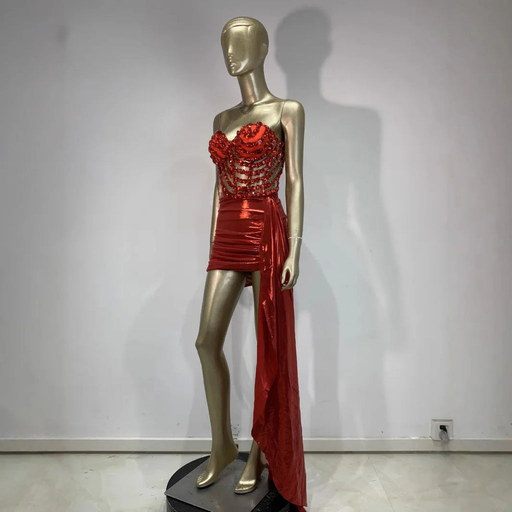 Red mesh stage costume skirt suit with hollow see-through design for banquet performances