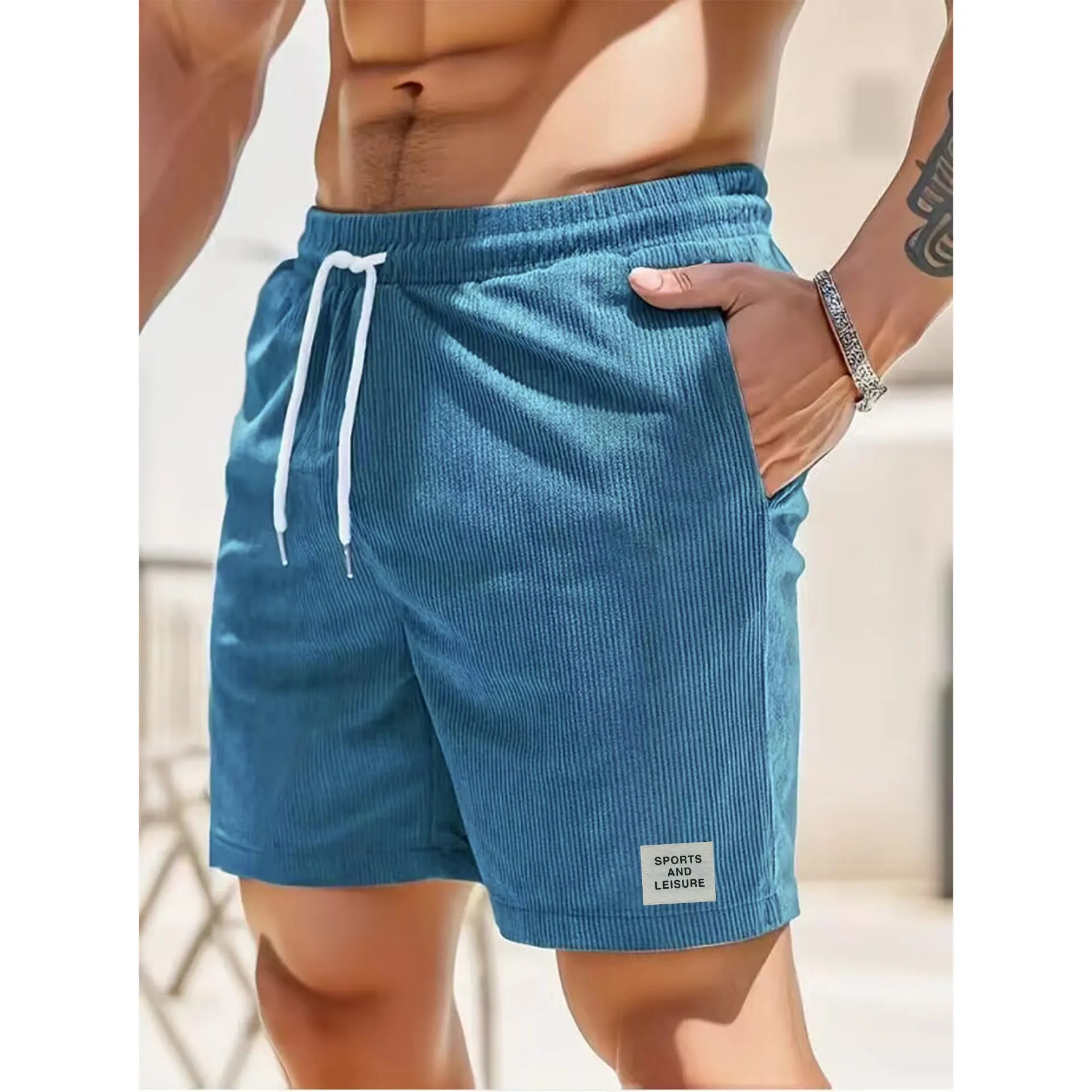 Summer pure colour tie-waist corduroy sports running pants for men and women in breathable polyester fibre
