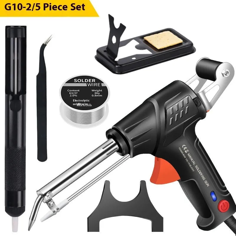 Black alloy soldering gun with LED light in five-piece set showing CN EU US specifications