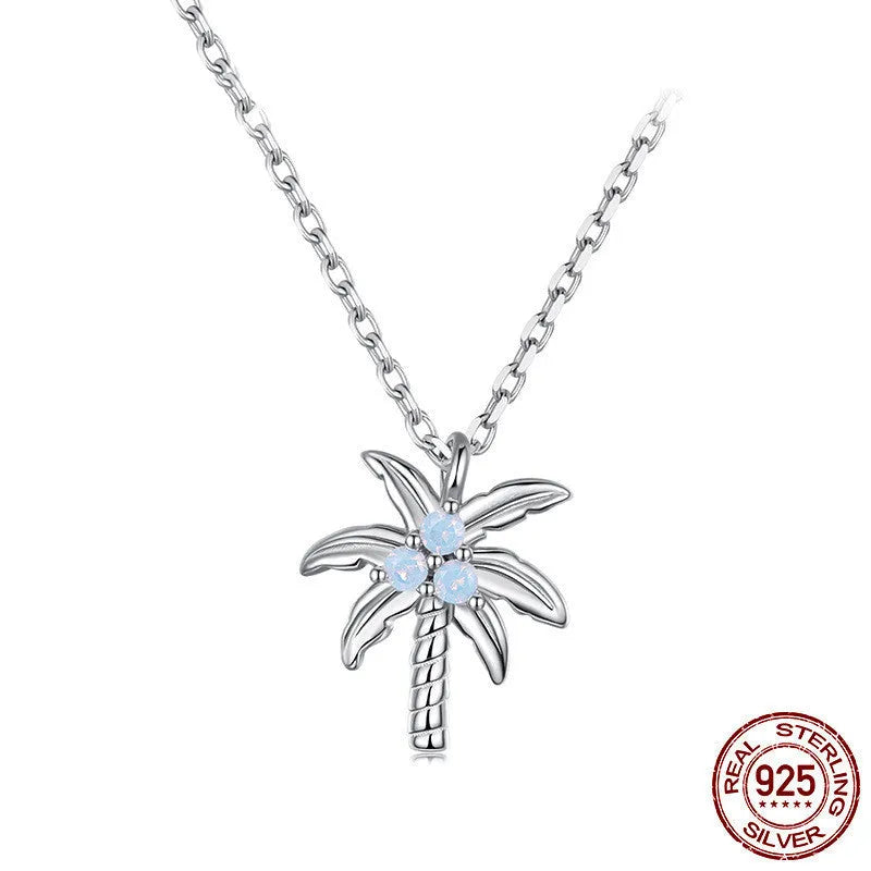 925 sterling silver white gold plated coconut tree necklace with opal pendant on O-shaped chain