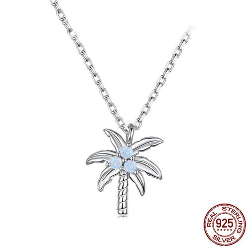 925 sterling silver white gold plated coconut tree necklace with opal pendant on O-shaped chain