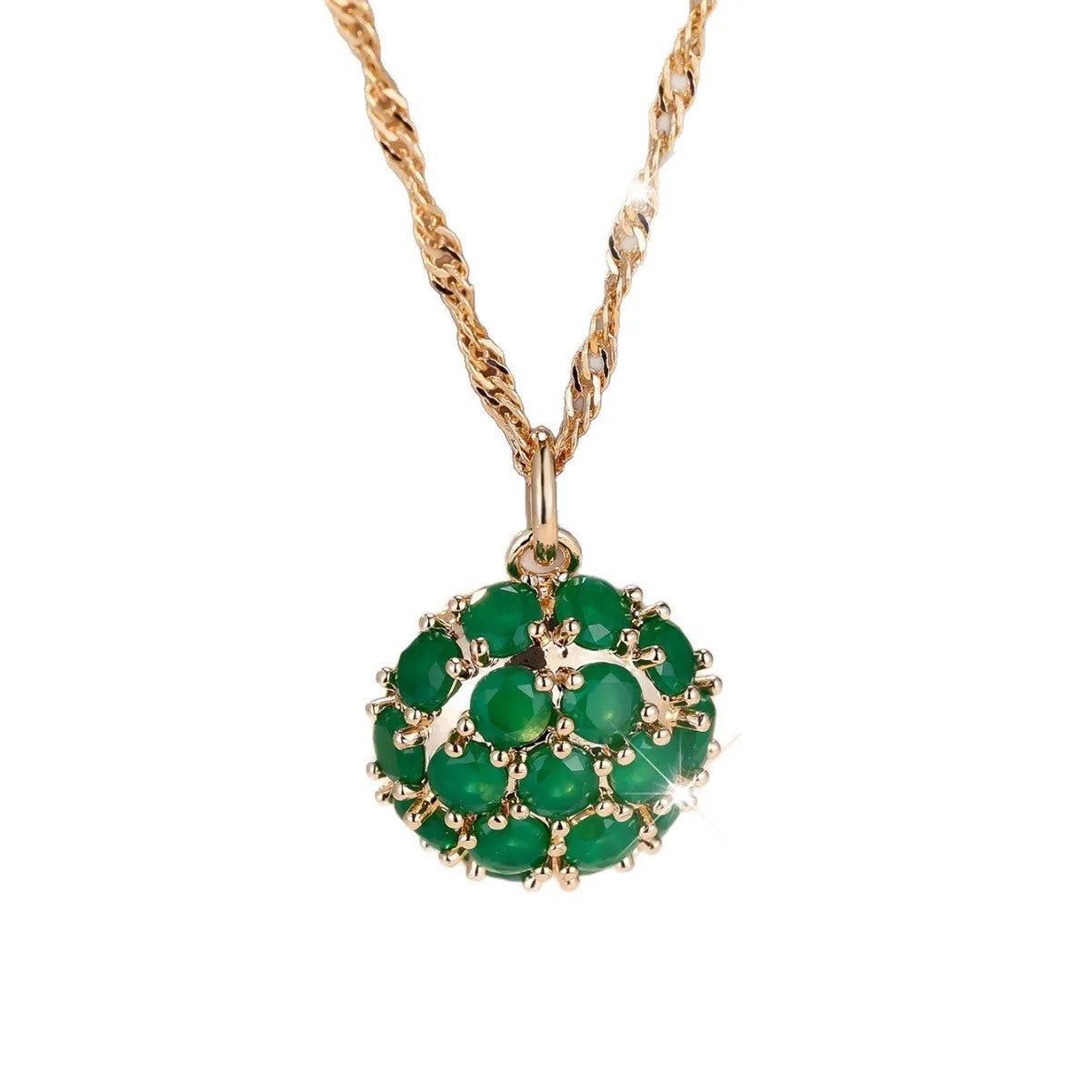 Geometric copper pendant necklace with round emerald and diamonds on an adjustable chain in champagne gold.