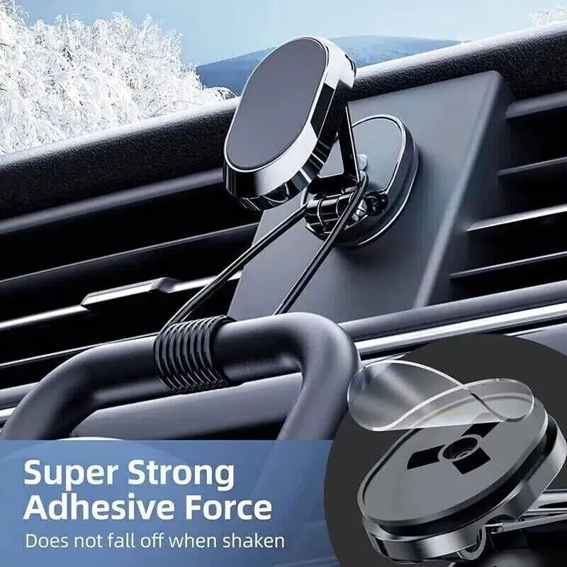 Chrome magnetic car phone holder with foldable bracket on dashboard showing 360-degree rotation