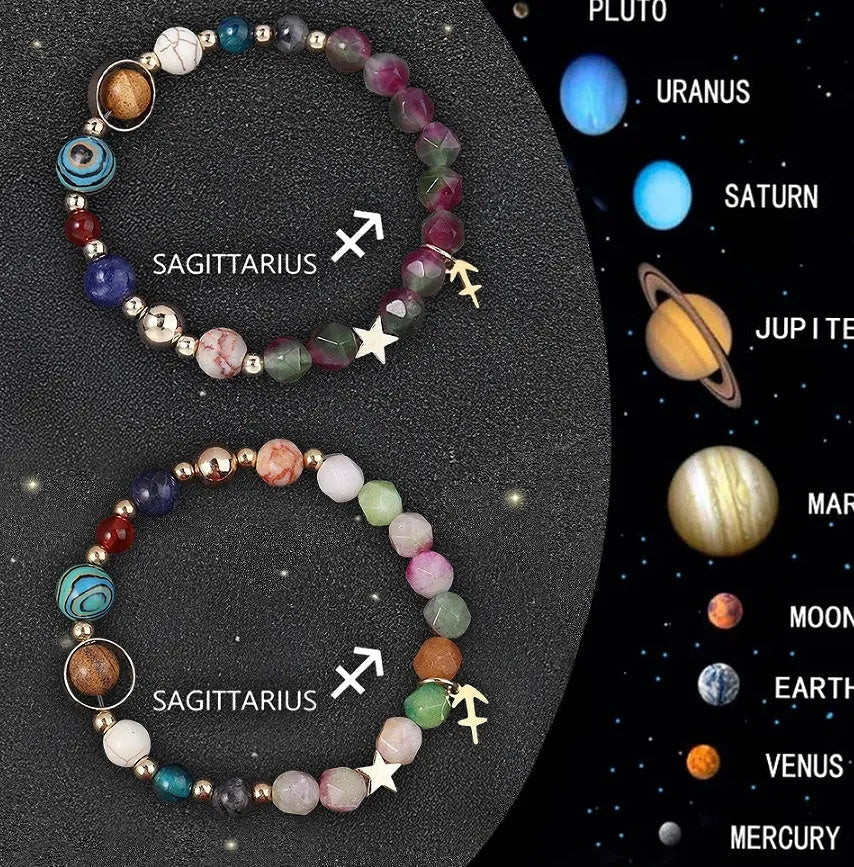 Set of two adjustable natural stone beaded bracelets showing different zodiac sign designs.