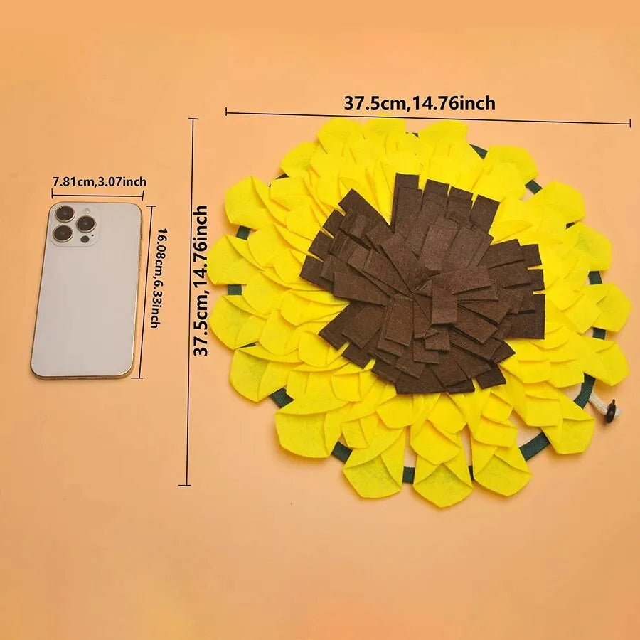 Yellow sunflower-patterned dog snuffle mat for slow feeding and nosework training