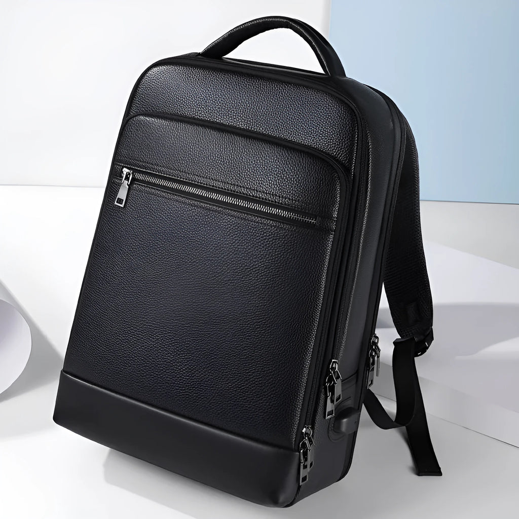 Black leather men's business computer backpack with curved shoulder straps and professional styling