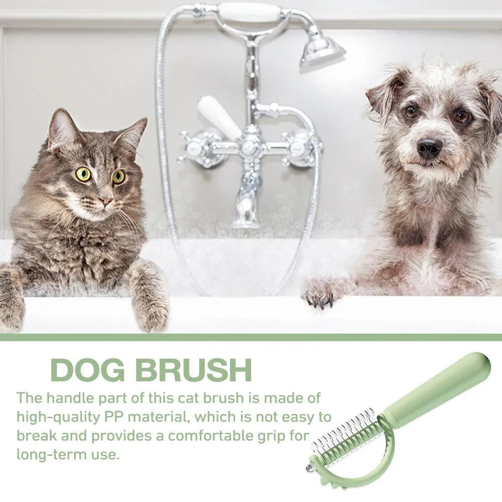 Blue dinosaur-shaped self-cleaning cat brush with double-sided stainless steel bristles