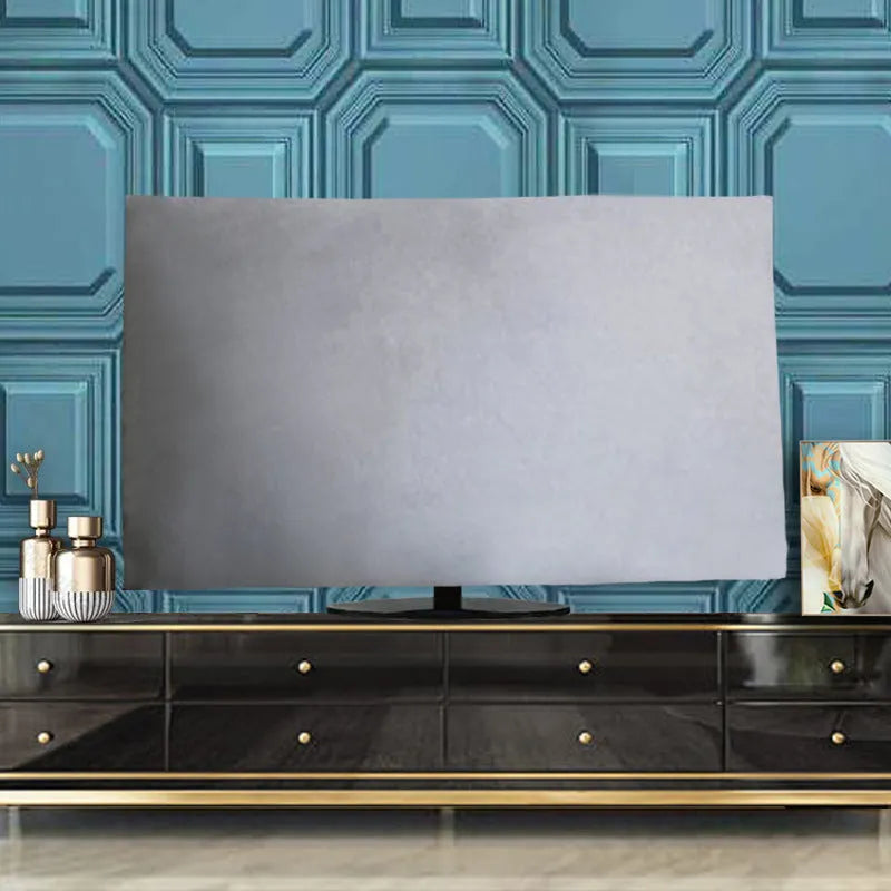 Velvet fabric TV cover draped over a television, shown in pink, black, gray, khaki, light blue and dark green colour options.