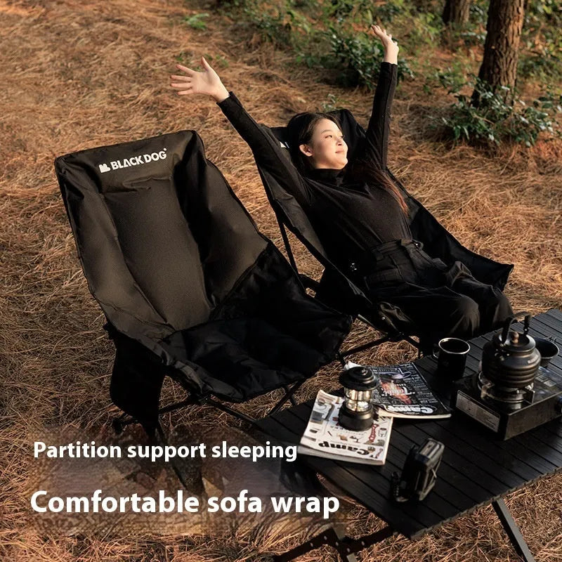 Night black folding moon chair with Oxford cloth seat shown folded and unfolded