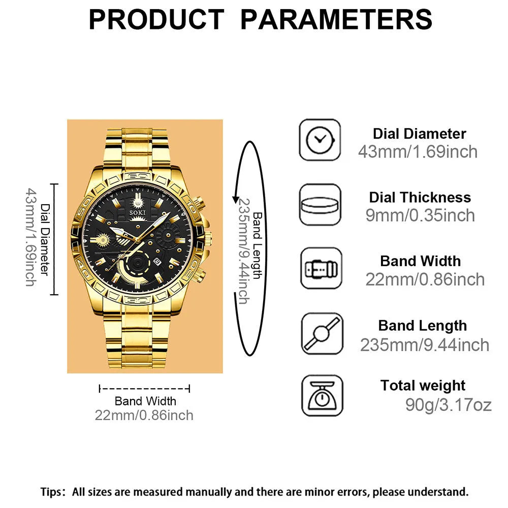 Men's gold business quartz watch with stainless steel strap and 10mm slim case