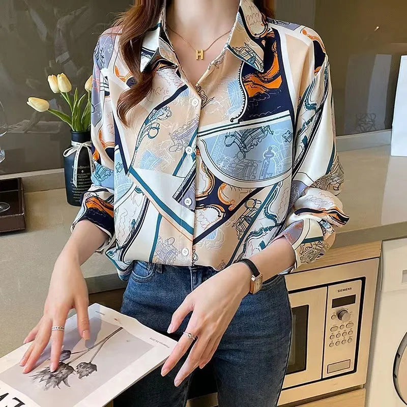Women's loose fit printed long-sleeved chiffon shirt in blue, polyester fabric, front view