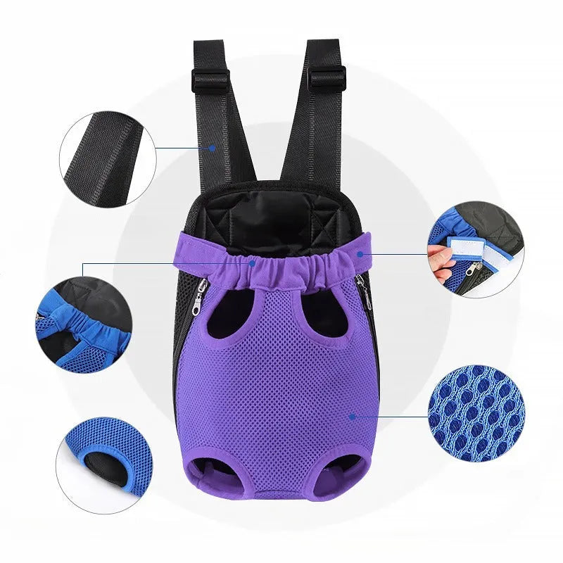 A person wearing a black breathable dog carrier backpack with a small dog inside, showing the open-top design and mesh panels.