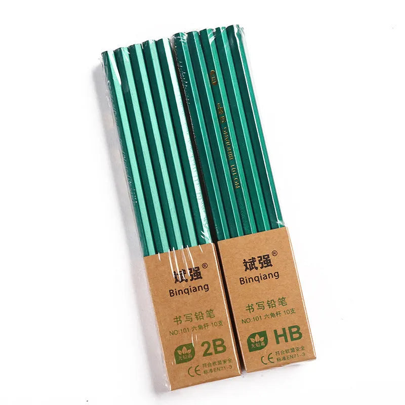 Green rod wooden six-angle pencils with HB and 2B grades in box of 10