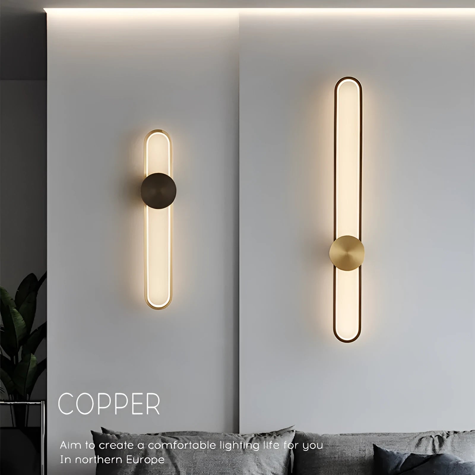 Modern minimalist wall lamp with iron shade and LED light in black or gold frame finish