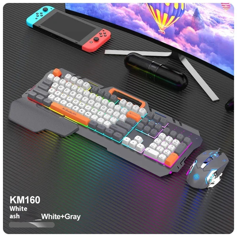 Blue and grey wired gaming keyboard and mouse set with backlit keys on desk