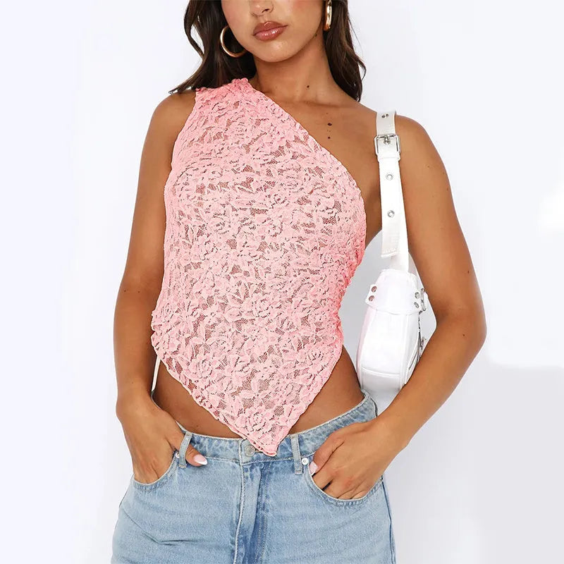 Women's sleeveless lace backless top with asymmetrical neckline in a solid colour.