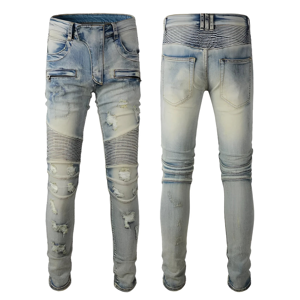 Light blue men's slim fit distressed jeans with hand-frayed details and a straight leg opening.