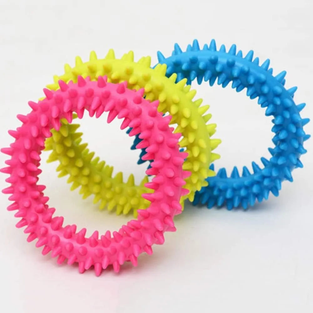Blue spiked circle ring dog chew toy made from TPR for dental cleaning and bite training.