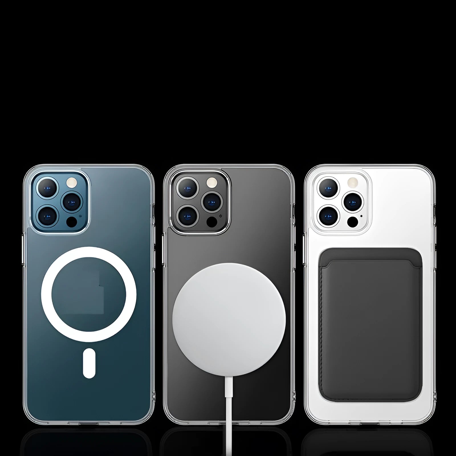 Transparent magnetic back cover phone case for iPhone models on white background