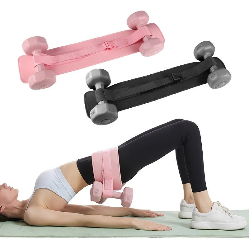 Black hip thrust resistance belt with dumbbell attachment for weight training