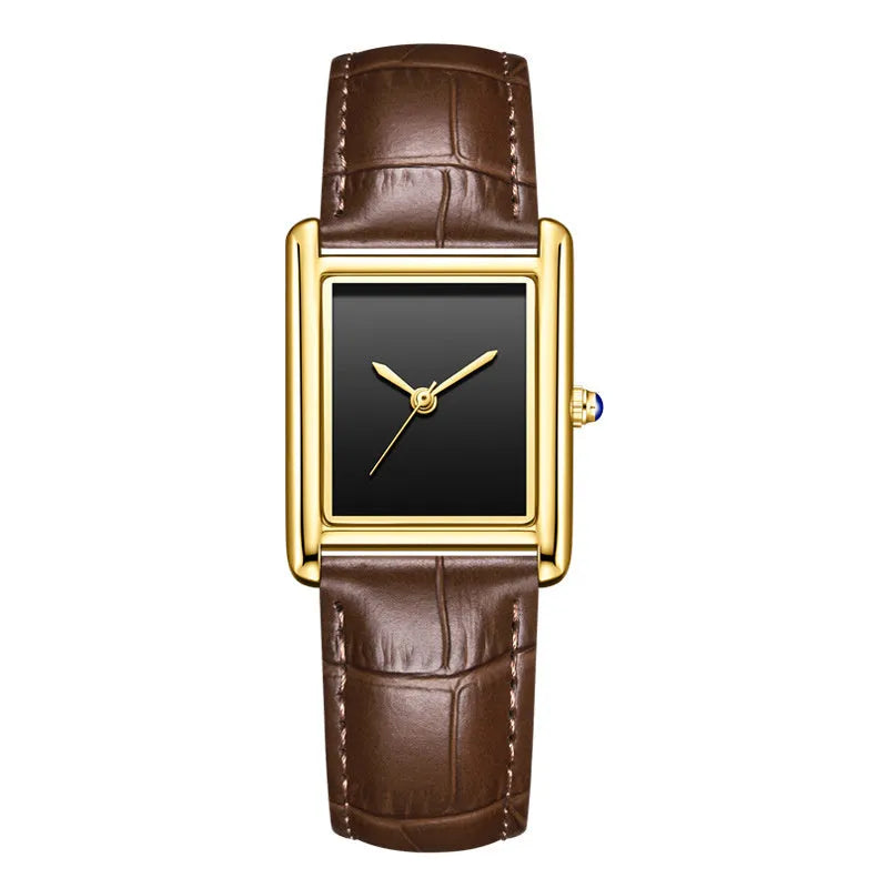 Couple leather watch with square dial, 7mm thickness, waterproof, in gold and black colour option on a white background