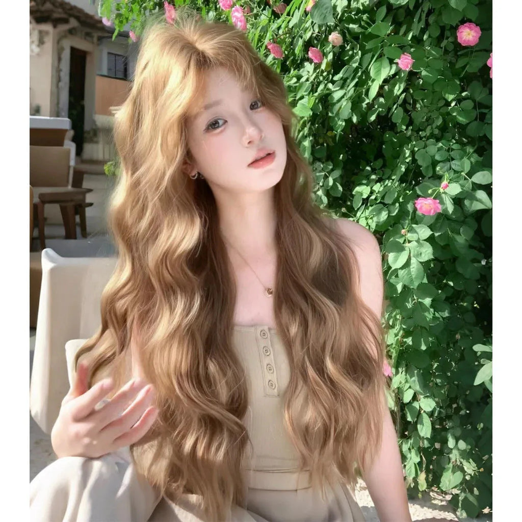 Linen brown medium length curly synthetic wig with hair net