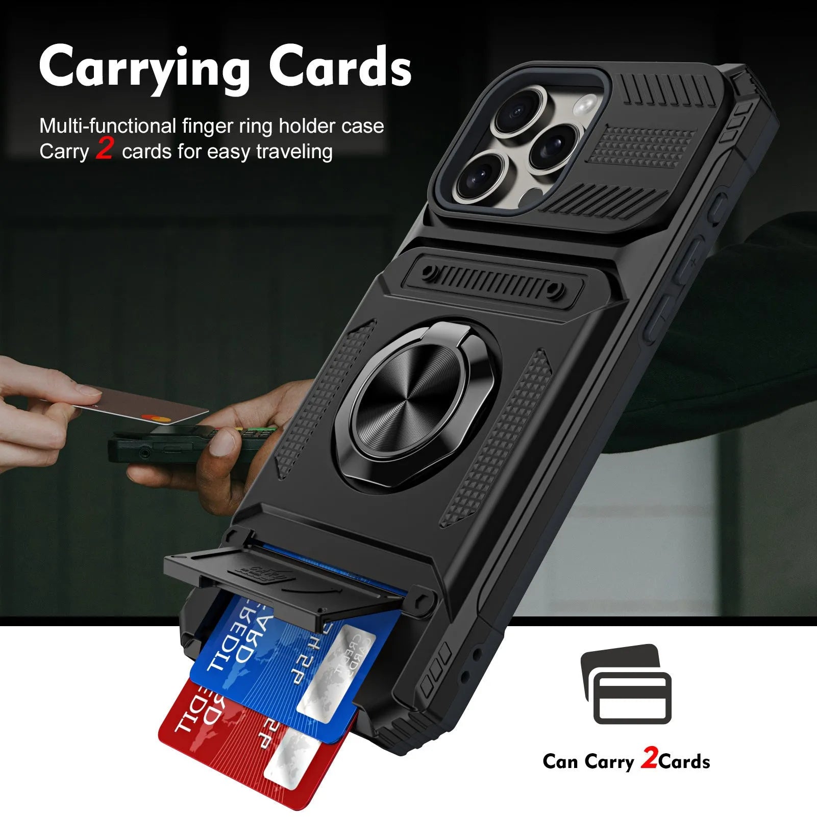 Black TPU PC metal phone case with hidden card slot and magnetic bracket for iPhone 15 Pro Max