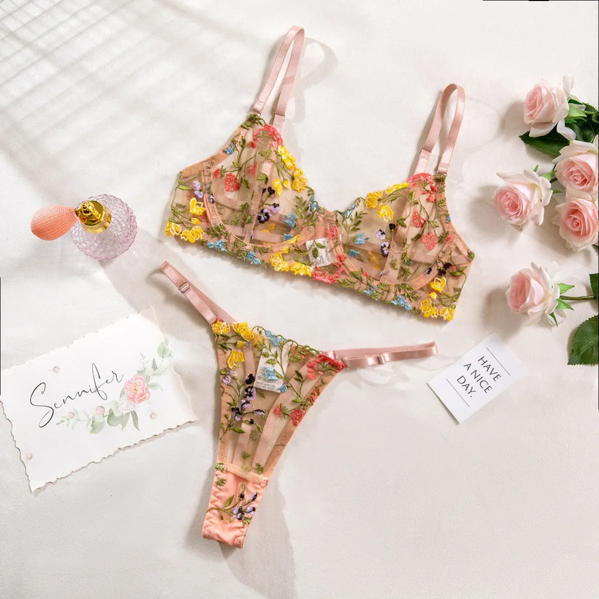 Women's floral polyester underwear suit bikini set showing pure desire style in multiple colour options