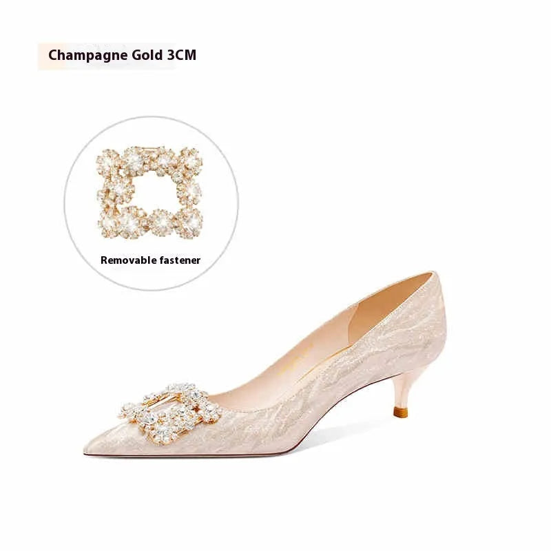 Champagne gold women's leather high heel pumps with pointed toe, stiletto heel, and rhinestone decoration.