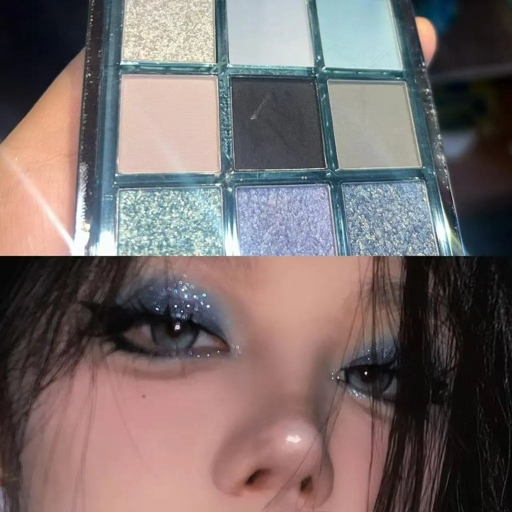 MUGELEEN nine-colour eye shadow palette 08 showing matte and shimmer blue smoked tones