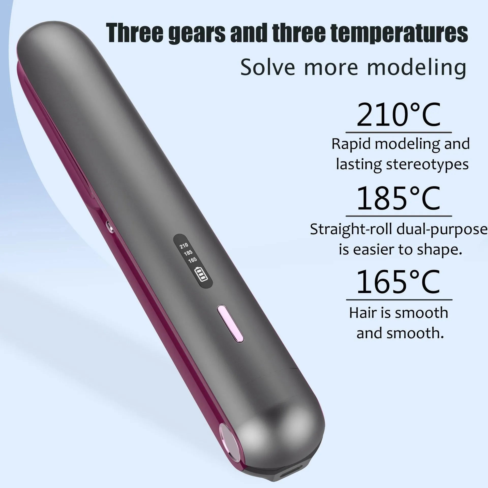 Moon shadow grey wireless hair straightener with tourmaline ceramic plates and lithium battery