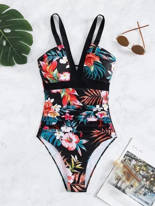 Women's floral pattern one-piece swimsuit with backless design in multiple colour options