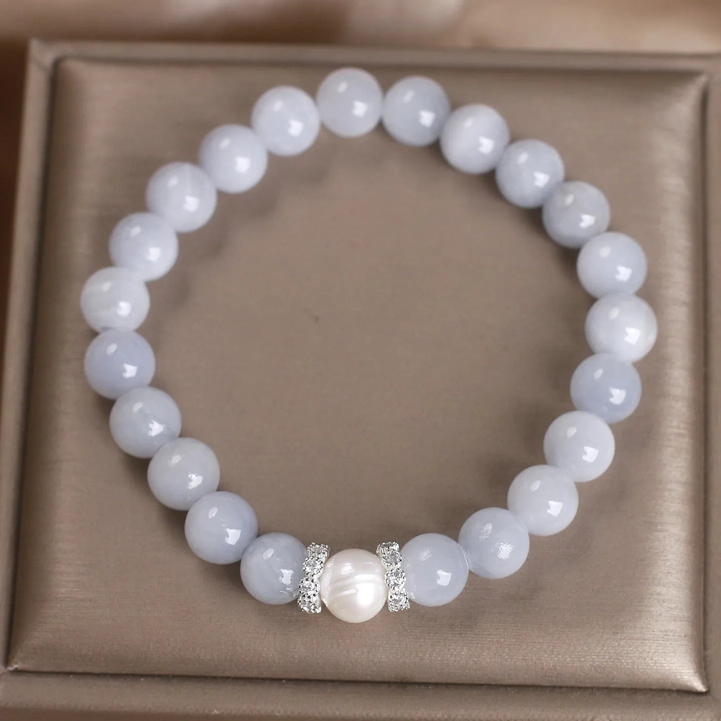 Natural aquamarine bracelet with white sweet clear beads and navy blue pearl accents, handcrafted national style for women