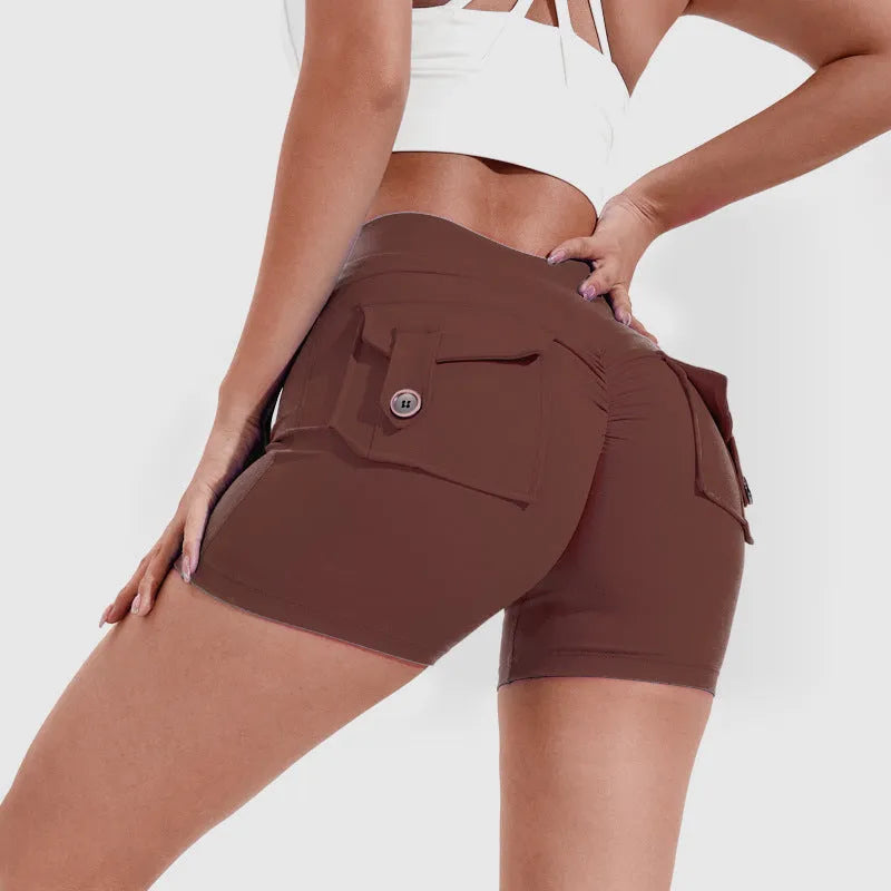Women's high-waisted hip lifting shorts with pockets in quick-dry nylon fabric