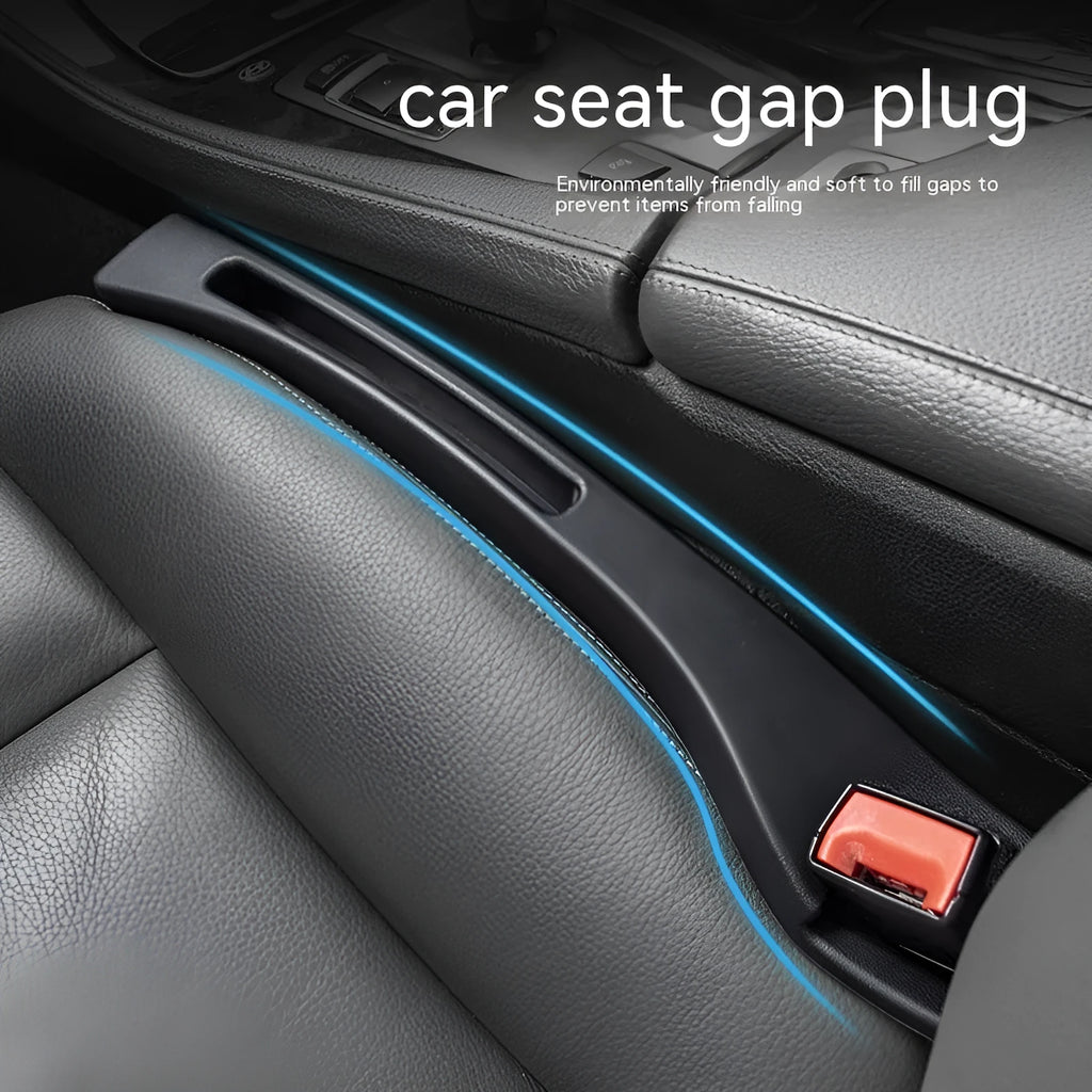 Black plastic car seat gap storage box with handle installed between car seats