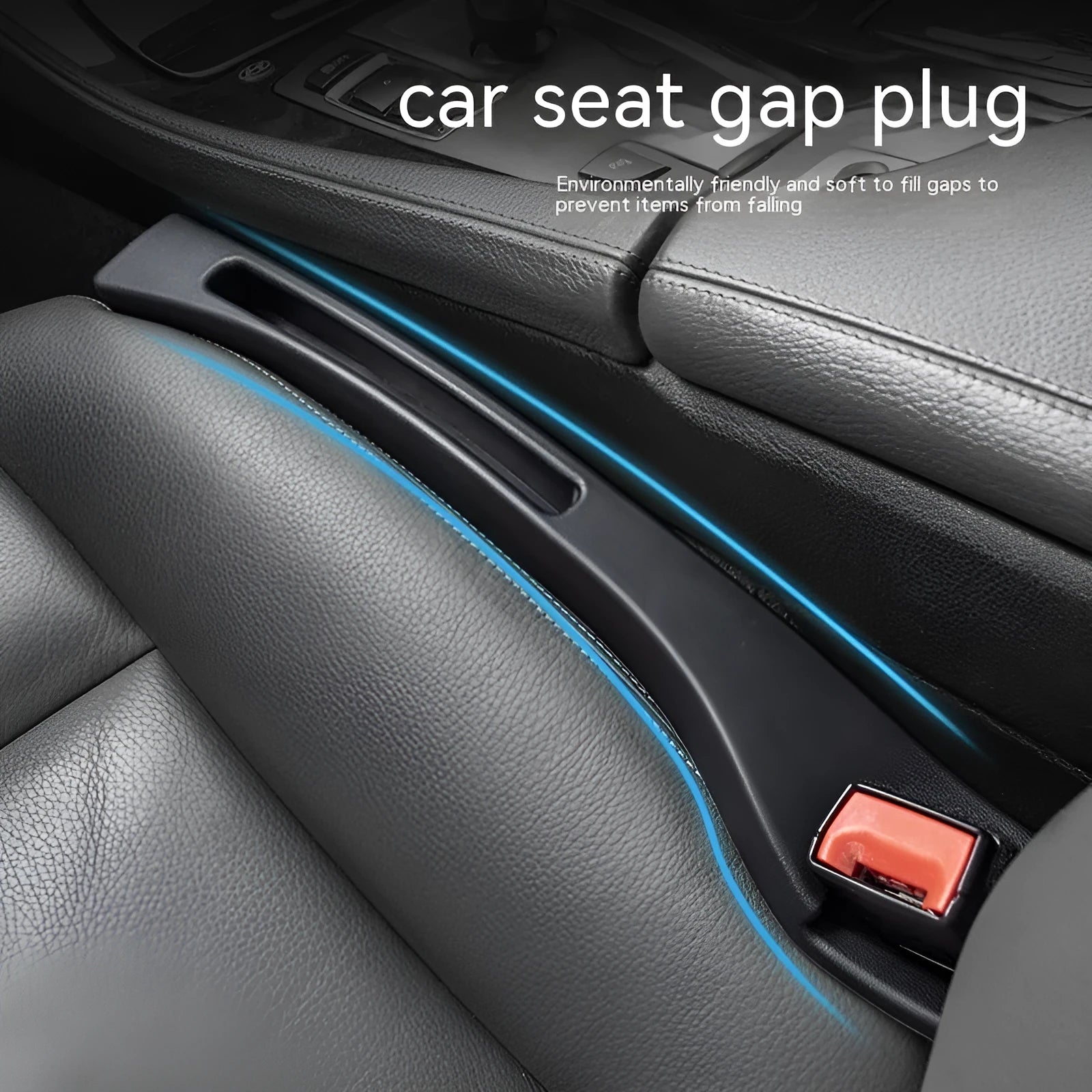 Black plastic car seat gap storage box with handle installed between car seats