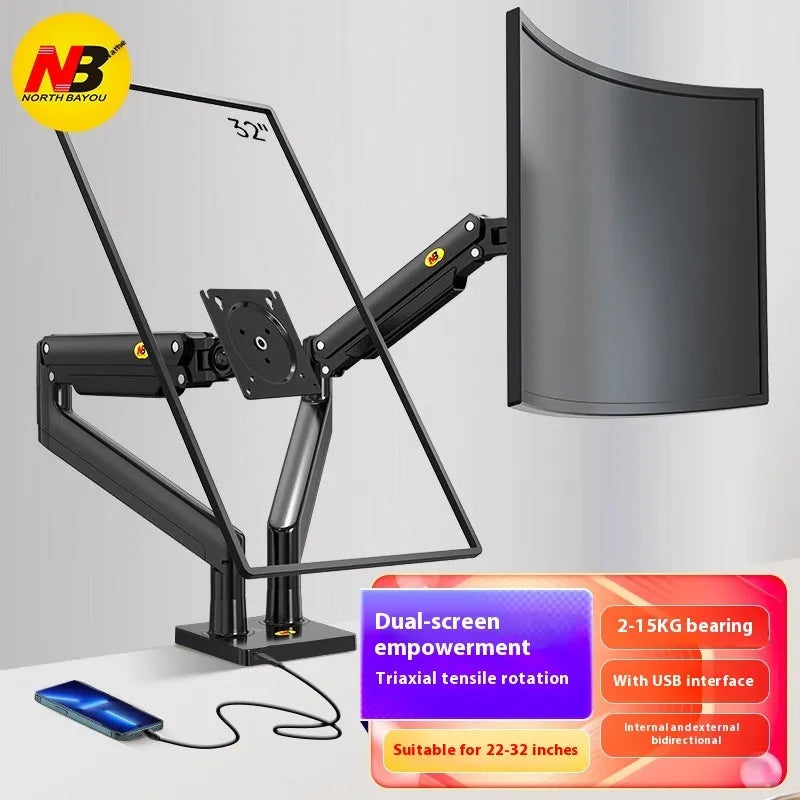Dual computer monitor desk mount bracket in aluminium alloy with mechanical lifting arms
