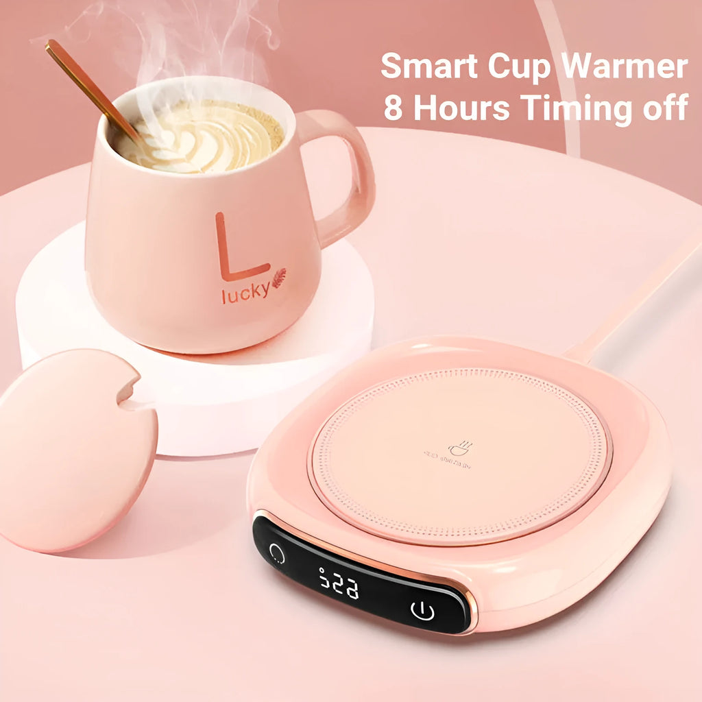 USB coffee mug warmer coaster in white on a desk, with a mug of coffee on top, 130x110x23mm, 10W constant temperature heating pad