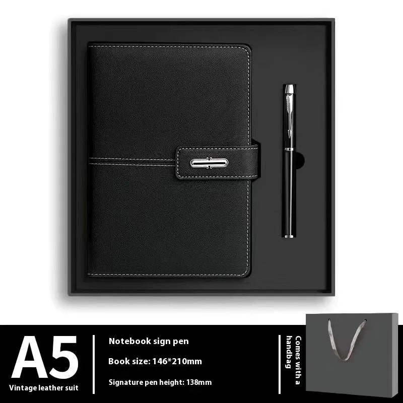 Custom A5 notebook with imitation leather cover in Business Black showing wood-free paper interior pages